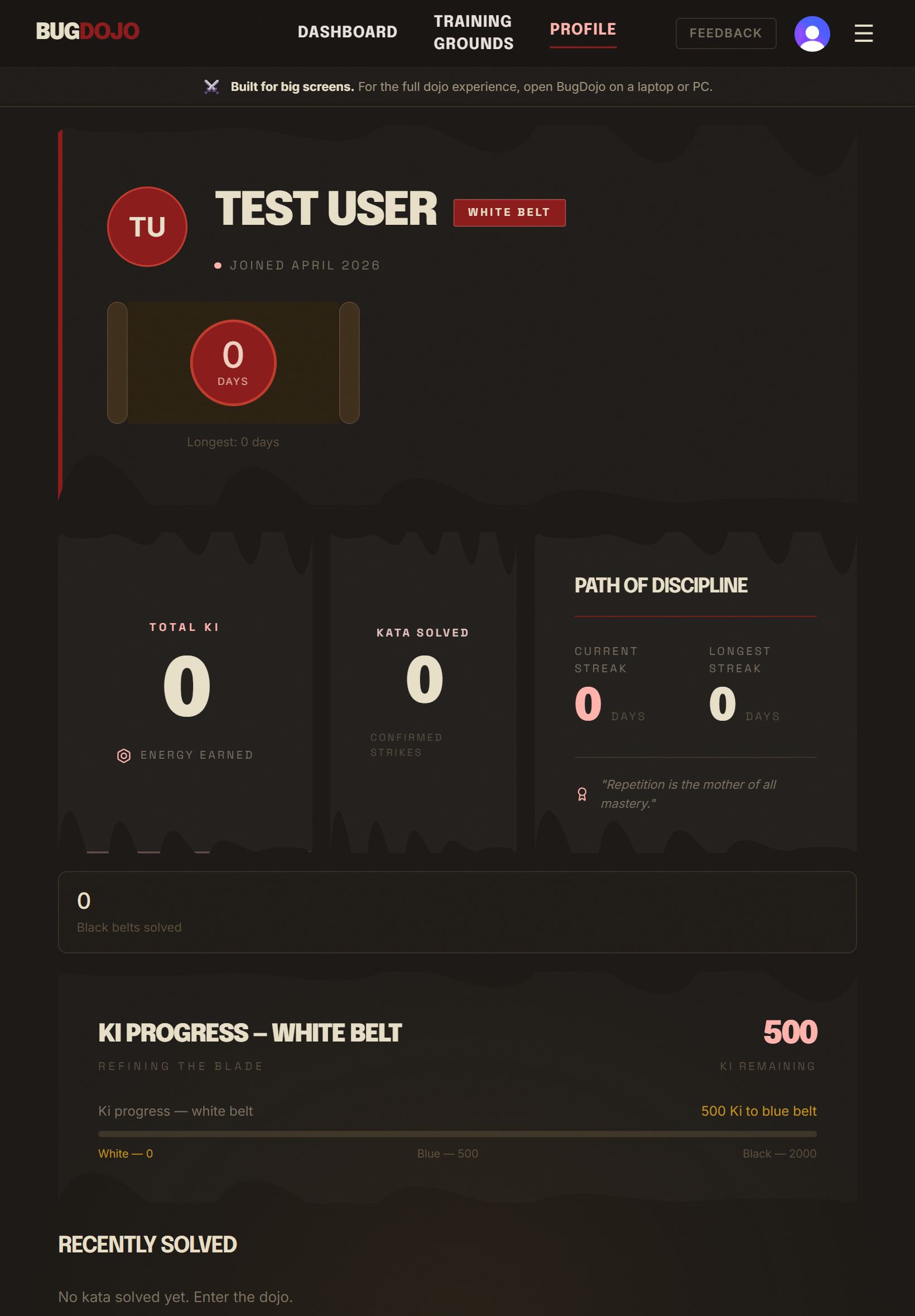 BugDojo profile on mobile - Ki bar, belt badge and streak for React debugging progress