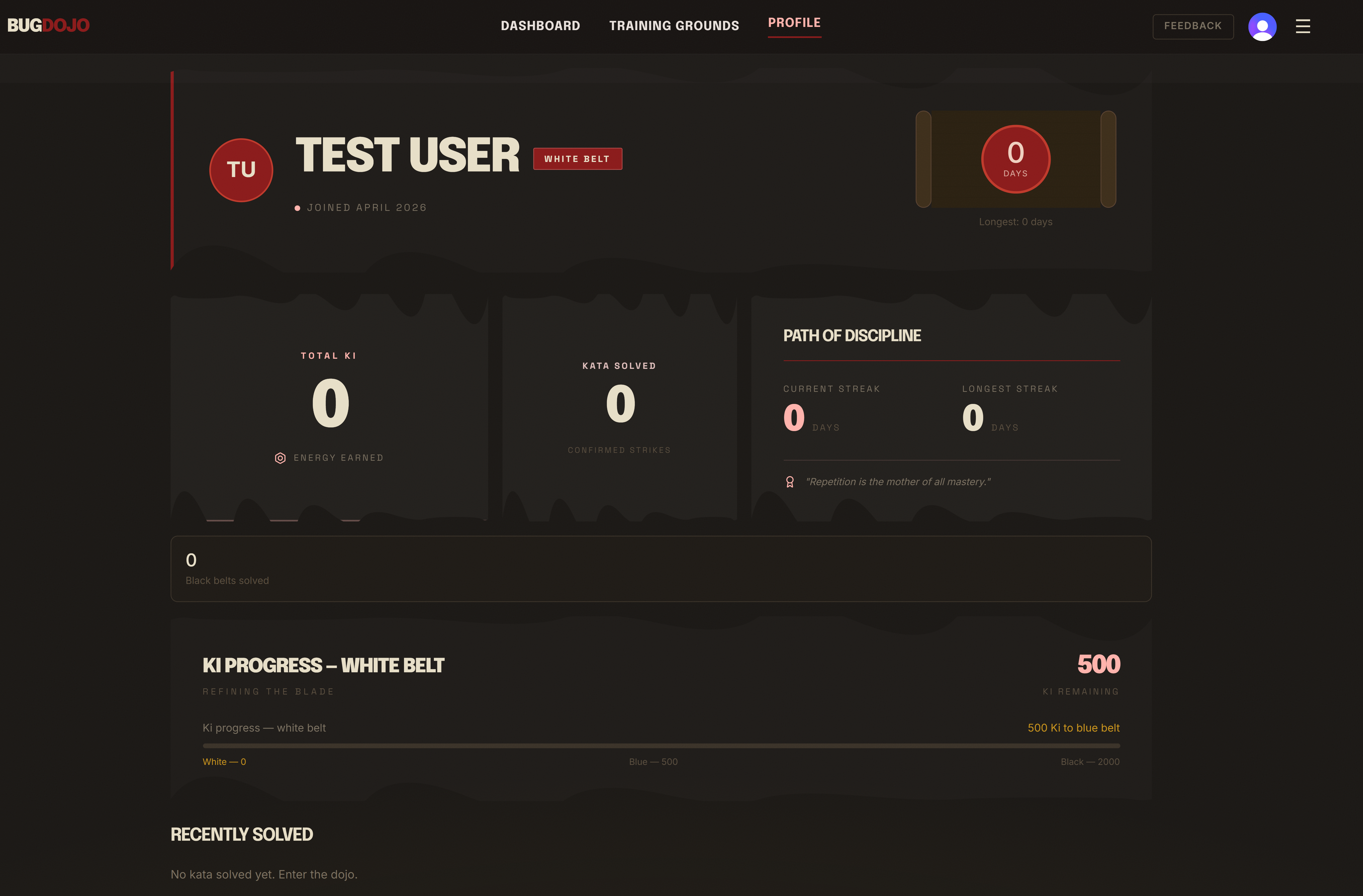 BugDojo profile page - Ki progress bar, belt badge and debug streak track your rank as you solve React debugging kata