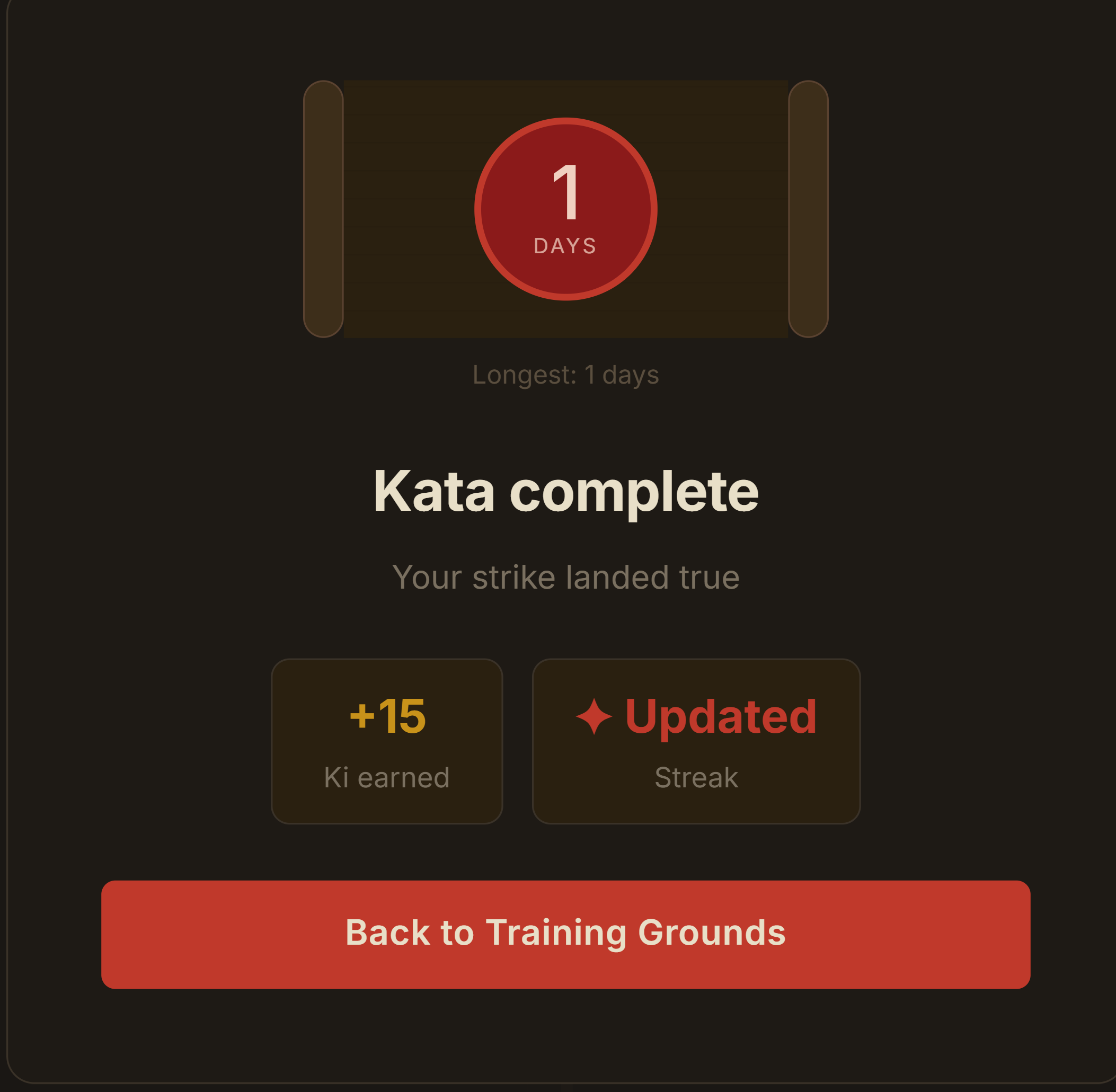 BugDojo result modal - Kata complete, +15 Ki earned and streak updated after fixing a broken React component