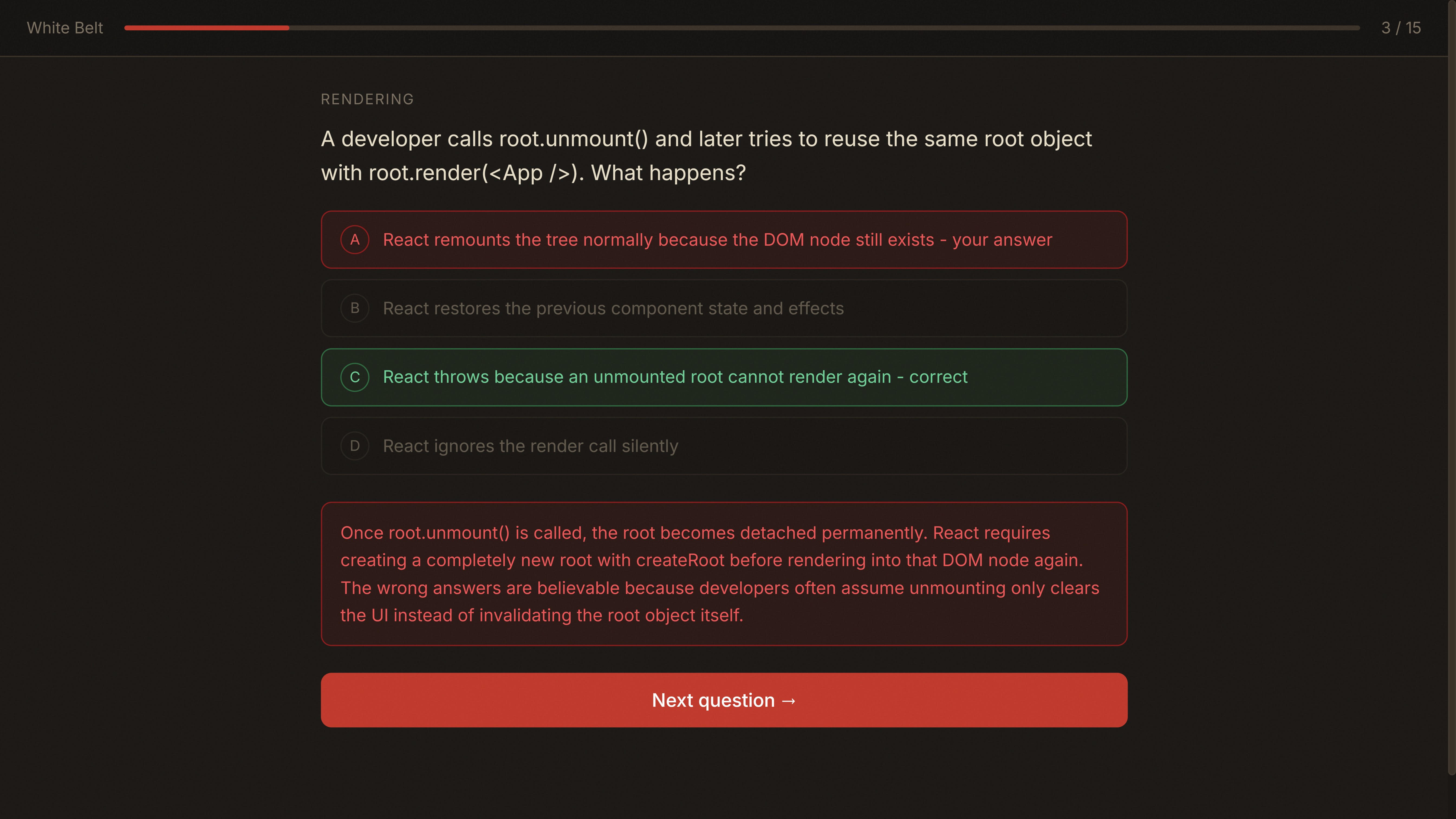 BugDojo Drills session - answered question showing green correct option, red wrong option, and explanation box revealing the reasoning